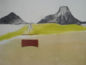 blackstaff mills belfast abstract interpretation of belfast drawing of belfast pen, graphite, linseed oil on wall paper