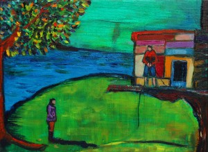 Treehouse 2, oil on canvas, 2015 boys painting dreamlike childhood countryside