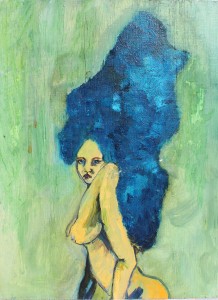 Female nude with blue hair.