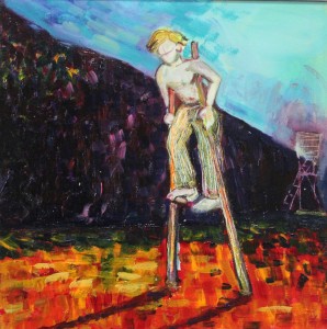 oil on board painting boy stilts expressionism treehouse