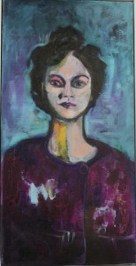 portrait woman purple coat oil painting pink turquoise semi expressionist