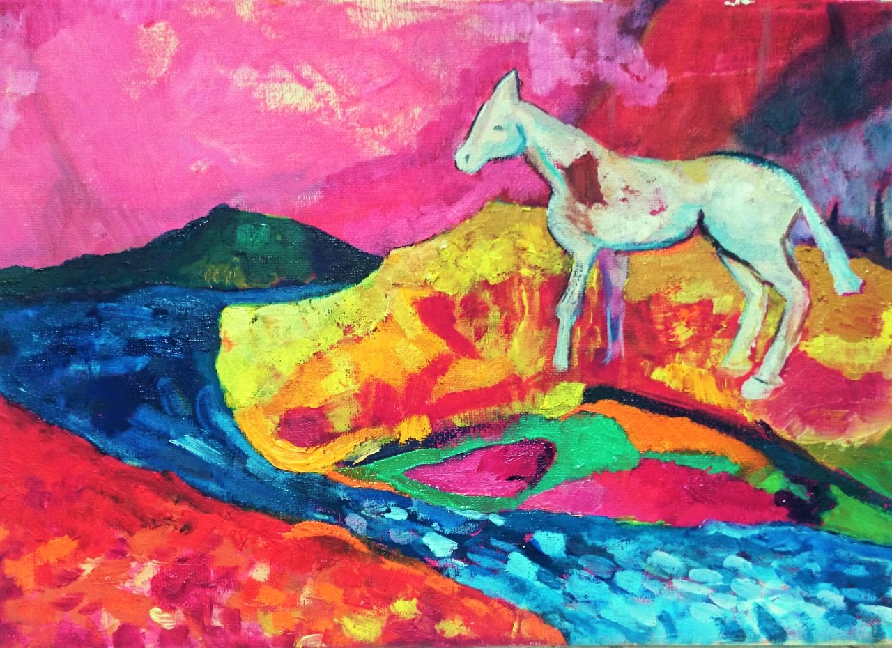 horse, landscape, colours, chagall, yeats, pink, water, landscape,dream, future