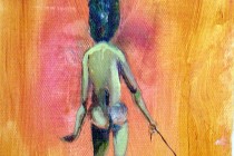 female nude impressionist style, burnt orange oil on canvas, female entering an unknown space. The string a connection to the past or a way back? 15cm x 20cm