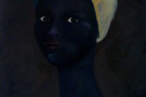 This portrait was painted at the same time as "Untitled Man". This painting is an allegorical reply to the traditional portrayal of the religious imagery of Mary in houses. A woman with a twisted scarf around her head of African origin replaces a delicate white, supple skinned Mary with flowing veil.